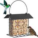 Suet Cake Bird Feeder Outdoor Hanging Metal Wire Wild Bird Feeder Fat Ball Food Feeder with Metal Roof and Platform Outside Cake Suet Feeder Rainproof (Black)
