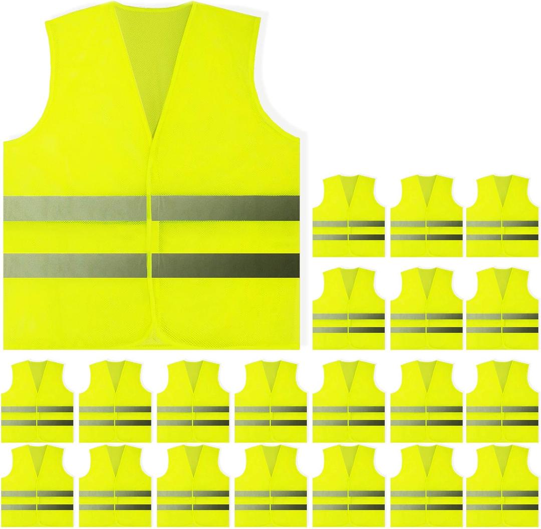 PeerBasics, 20 Pack, Yellow Reflective High Visibility Safety Vest, Hi Vis Silver Strip, Men Women, Work, Cycling, Runner, Construction (Mesh, 20)