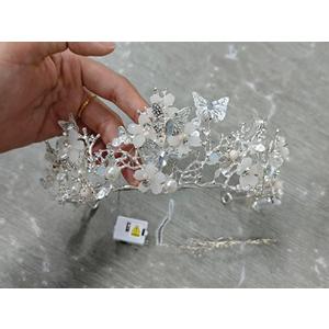 JEAIRTS Light Up Rhinestone Butterfly Headband Sparkly Flower Pearl Wedding Fairy Headpiece Led Costume Hair Accessories for Women, Free Size, 1-silver