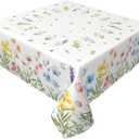Spring Floral Tablecloth Square 60x60 Inch Green Pink Blue Yellow White Flower Leaves Wildflower Summer Decorative Table Cloth Seasonal Farmhouse for Indoor Party Kitchen Dinner Picnic Decor
