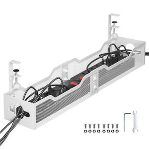 Under Desk Cable Management Tray 24.8", Quszmd Cable Organizer No Drill, Standing Cord Organizer and Wire Management Tray - No Damage to Desk, White