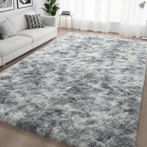 HQAYW 6x9 Fluffy Tie-Dyed Light Grey Area Rugs for Living Room Bedroom, Large Ultra Soft Plush Shaggy Bedside Rug, Non-Slip and Machine Washable Carpet for Dorm Nursery Classroom Home Decor