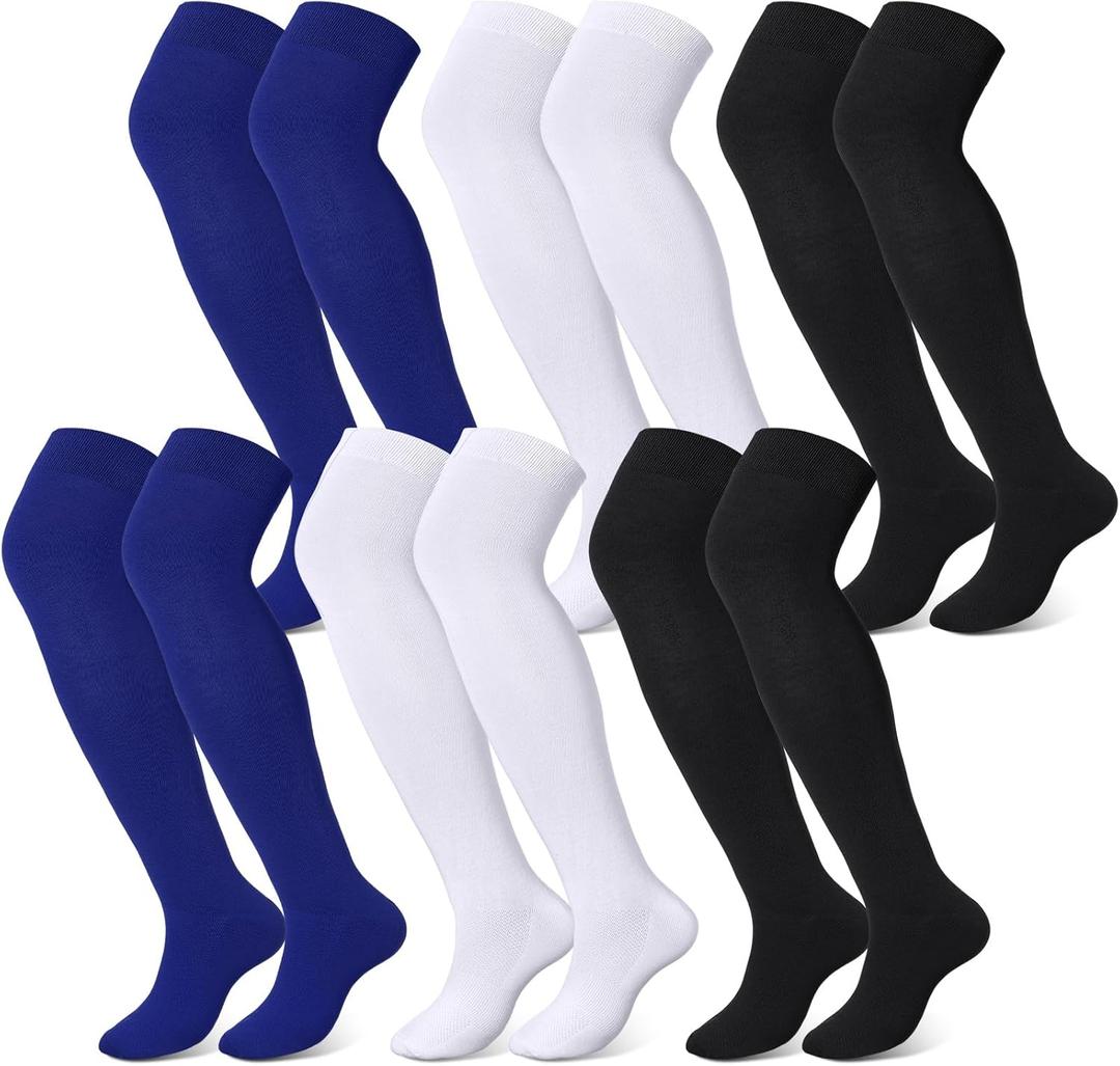 Hicarer 6 Pairs High Baseball Socks over Knee Football Softball Sock Youth Combo Long Sport Men Tube Socks Women (X-Large, Blue, White, Black)