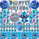 Stitch Party Supplies, 102 PCS Birthday Decorations Set Include Banner, Balloons, Stickers, Hanging Swirls, Cake Cupcake Toppers, Tablecloth for Boys Girls Stitch Theme Party