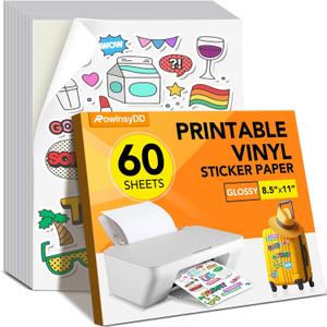 60 PCS Sticker Paper for Inkjet Printer, Printable Vinyl Sticker Paper Dries Quickly Vivid Colors, 8.5"x11" Tear Resistant Printable Vinyl, Glossy White, Inkjet & Laser Printer