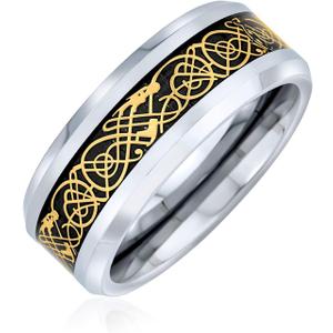 Personalize Two Tone Celtic Knot Dragon Carbon Fiber Inlay Couples Silver Gold Tones Titanium Wedding Band Rings For Men For Women Comfort Fit 8MM Wide In Blue Black Golden Colors Customizable 6.5