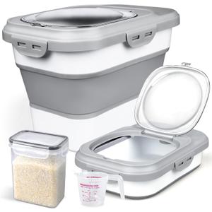 Rice Storage Container, Collapsible Airtight Food Storage Containers 6-20 Lbs, Rice Dispenser with Measuring Cup and Small Bin for Flour Cereal Pasta Grain, Cat Pet Dog Bird Food Container (Gray)