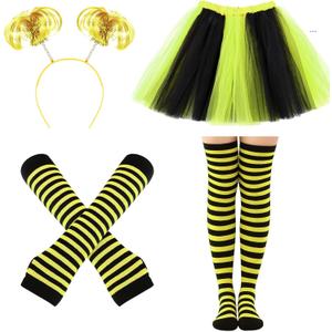 Hicarer 4 Pcs Tutu Costume Set for Women Tulle Tutu Skirt Striped Socks Stretchy Gloves Ponytails Headband (Medium, Yellow)