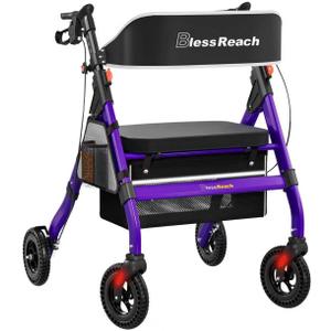 Foldable Rollator Walkers with Seat for Seniors, 450 lb Capacity, 8'' Wheels, 18" Big Seat, 6-Position Adjustable Height, Heavy-Duty Aluminum Rolling Walker (Purple)