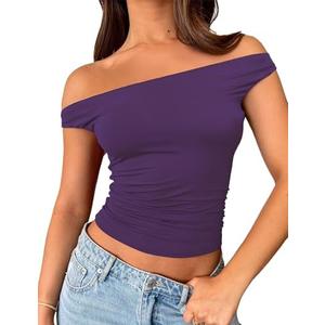 ForeFair Womens Off The Shoulder Tops Going Out Crop Top Slim Fitted Shirts Double Lined Summer Outfits Y2K Cute Tops Medium