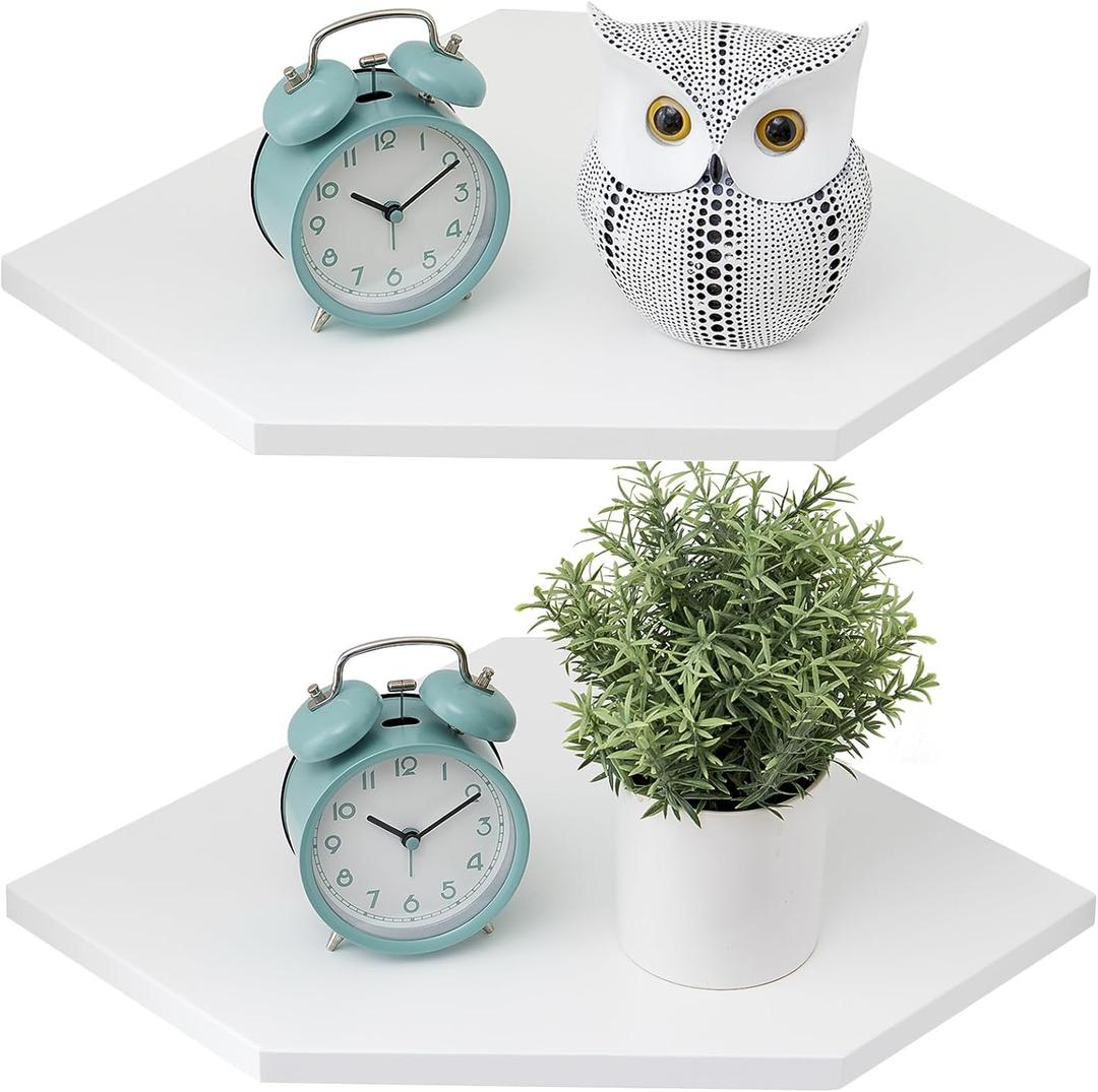 Corner Floating Shelves, White Corner Wall Shelf Set of 2, Solid Oak Wood Floating Shelves Wall Mount Shelf with Wire Hole Small Plant Display for Kitchen Living Room Bedroom, 11.2inch
