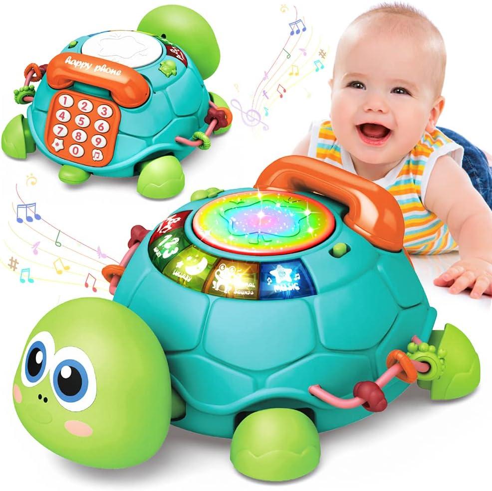Jyusmile Baby Toys 6 to 12 Months, Musical Turtle Crawling Infant Toys, Early Learning Educational Toy with Light & Sound, Christmas Birthday Gifts for Boy Girl 7 8 9 10 11 Month 0-1 Year Old (Blue)