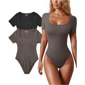 OQQ Women's 2 Piece Bodysuits Sexy Ribbed One Piece Square Neck Short Sleeve Bodysuits (Large, Black Tea Leaf)