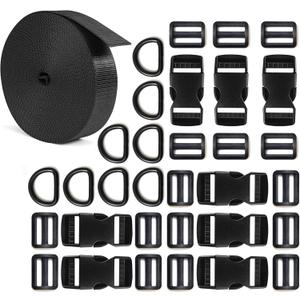1 inch Buckle Strap Set with 10 Yards Nylon Webbing, 8 Pcs Metal D Rings, 8 Pcs Quick Side Release Plastic Buckles, 16 Pcs Tri-glide Slide Clip for DIY Backpack Replacement (Black)