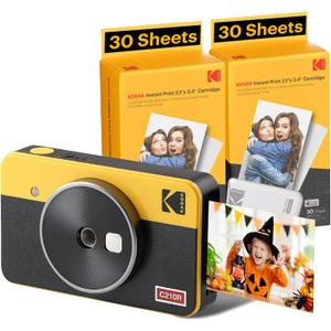 KODAK Mini Shot 2 Retro 4PASS 2-in-1 Instant Digital Camera and Photo Printer (2.1x3.4 inches) Initial 8 Sheets + 60 Sheets Bundle, Yellow