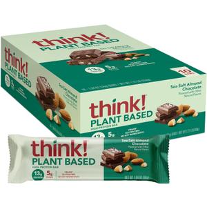 think! Vegan/Plant Based High Protein Bars - Sea Salt Almond Chocolate, 13g Protein, 5g Sugar, No Artificial Sweeteners, Non GMO Project Verified, 10 Count Best Before 08/18/2025