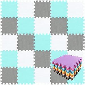 qqpp EVA Rubber 18 Tiles Interlocking Puzzle Foam Floor Mats - Baby Play Mat for Playing | Exercise Mat for Home Workout. White, Green, Gray. QC-AHLb18N