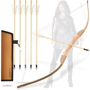 Youth Archery Bow and Arrow Set for Kids, 40" Handmade Wooden Bow and Arrow Prop Costume Cosplay Games Toys, Archery Set with 1 Bows 1 Quivers 5 Feather Arrows, Gifts for Kids Youth Adult Boys Girls, Medium