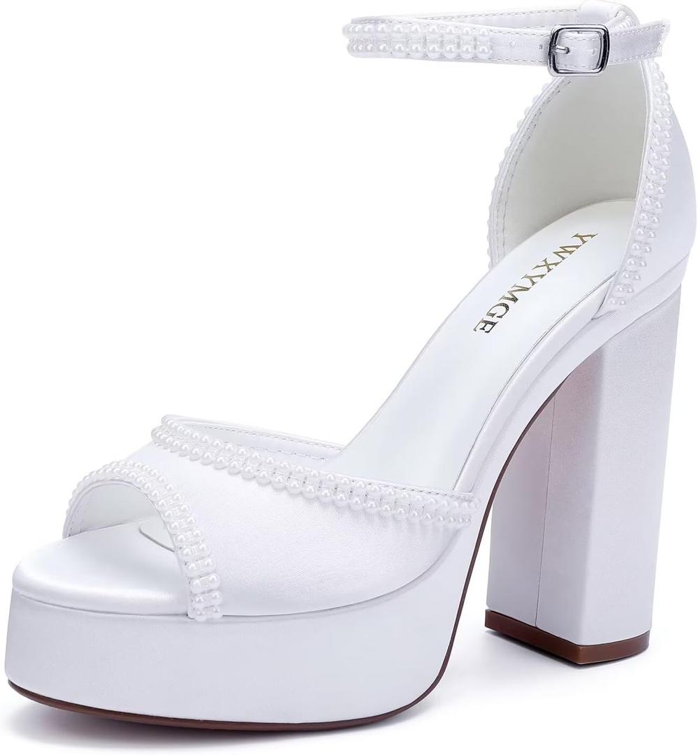 Platform Heels Wedding Shoes for Bride Ankle Strap Bridal Heeled Sandals Wedding Heels (7, White)