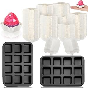 Lallisa Baking Pans with Cupcake Liners Sets 2 Pcs All Edges Brownie Pans and 500 Pcs White Cupcake Liners 12 Mini Cavity Non Stick Baking Carbon Steel Muffin Mold for Cup Cakes(Square)