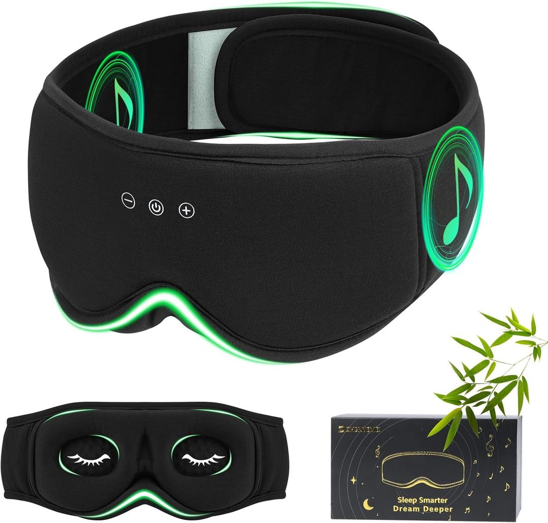 ZHENYEMEI Bamboo Cotton Sleep Mask with Bluetooth Wireless Headphones - Blackout Eye Mask for Sleeping 3D Contoured Sleep Headband Ear Muffs Lengthen & Low Noise Hook for Better Experience (Black)