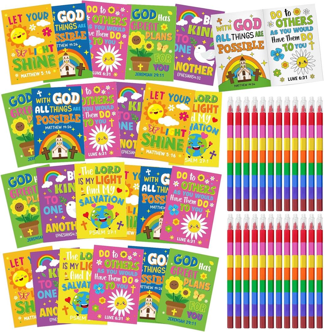 Cinrobiye 24 Set Bible Coloring Books with 24 Stacking Crayons Christian Holiday Activity Books Religious Party Favors Gift Prizes Goodie Bag Fillers for Sunday School Church