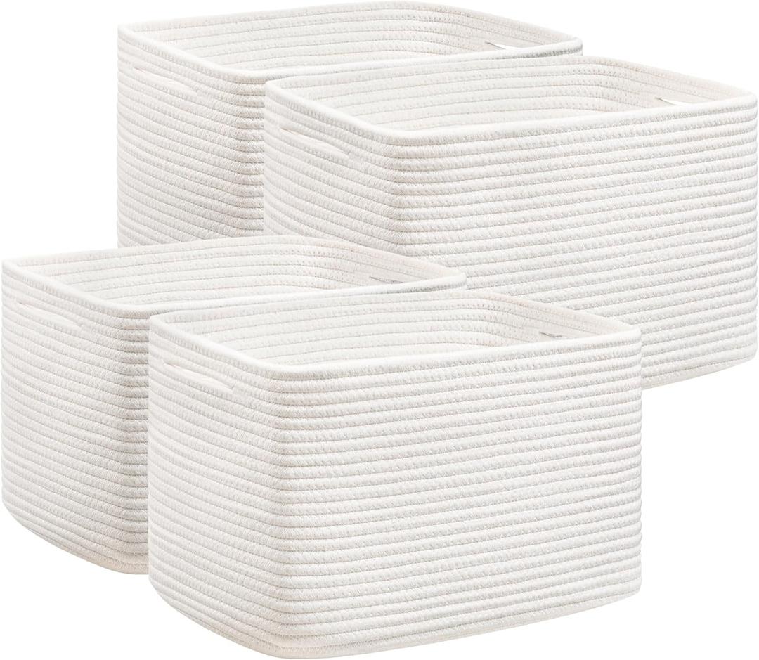 UBBCARE 4 Pack Baskets for Organizing, Woven Storage Baskets for Toys and Towel, Rectangle Cotton Rope Basket with Handles, 14''L x9''W x8''H, White