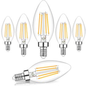 Dimmable E12 LED Candelabra Bulbs 60W Equivalent, 2700K Soft Warm White, 600 Lumens B11 Candle Base 6W C35 LED Filament Vintage Light Bulbs, Clear Glass for Chandelier Ceiling Fan High CRI 90+, 6-Pack