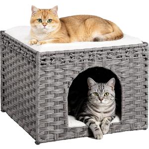 Snughome Handwoven Rattan Cat House - Indoor Foldable Cat Bed Cave with 2 Removable Bed Mats, Large Kitten House, Hideaway Pet Cube, 16.54 x 16.54 x 12.6 Inches, Grey, for Living Room & Bedroom