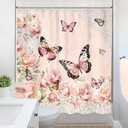 Pink Floral Butterfly Shower Curtain, Rustic Rose Gold Peony Flower Butterfly Shower Curtain for Bathroom, 60Wx72L Inch Vintage Pretty Woman Bathroom Set Bathtub Bath Accessories Home Decor