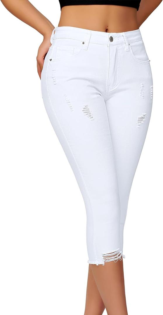 roswear Women's Capri Pants Mid Rise Skinny Ripped Stretchy Cropped Distressed Jeans (White, L)
