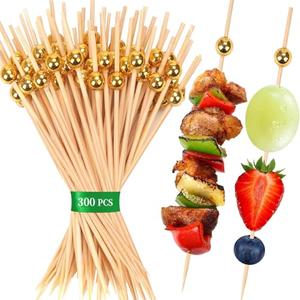 Cnnzdo 【Pack of 300】 Cocktail Picks For Appetizers, Charcuterie & Party - 4.7" Gold Bamboo Skewers, Fancy Toothpicks For Fruit, Drinks, Desserts, Sandwiches (Mini Pearl Food Garnboardish Sticks)