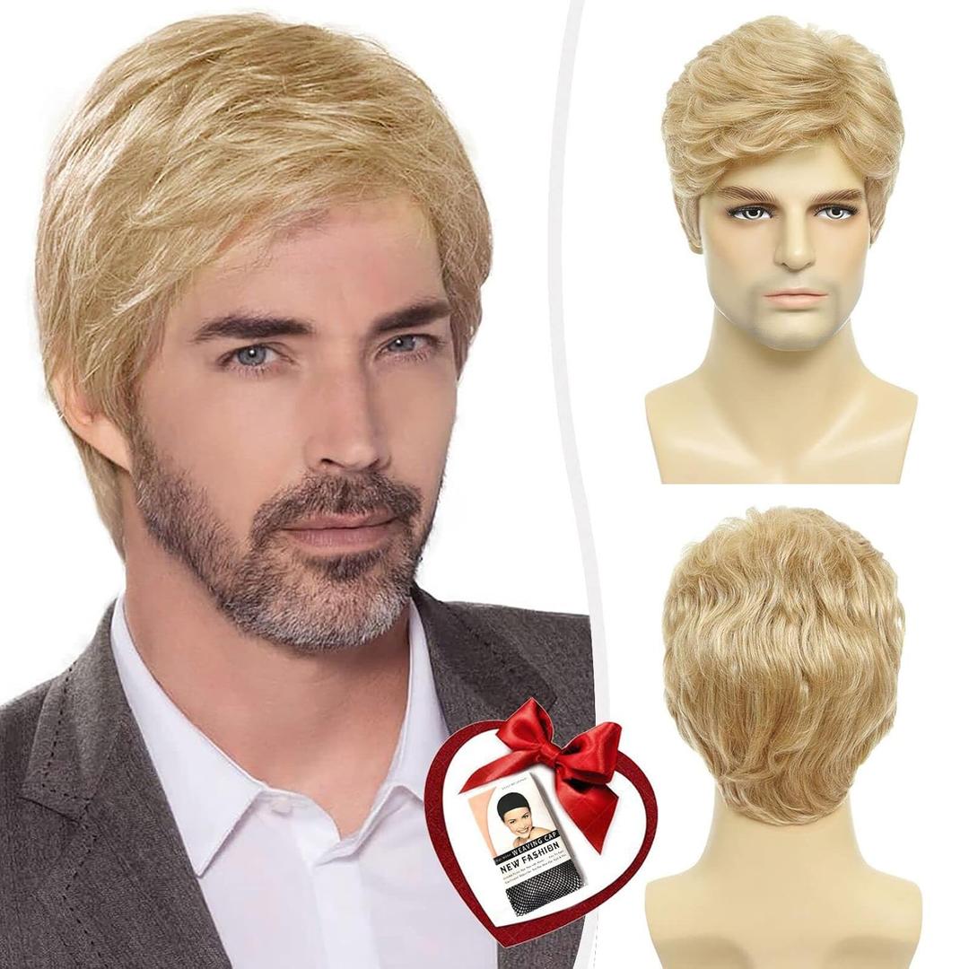 DDHAIR Mens Blonde Wig Short Natural Fluffy Layered Synthetic Wavy Hair Wigs for Men Male Daily Halloween