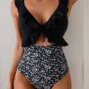 Eomenie One Piece Swimsuit for Women Tummy Control Ruffle Bathing Suit V Neck Ruched Swim Suit Slimming Cutout Swimwear (Black White Print, X-Large)
