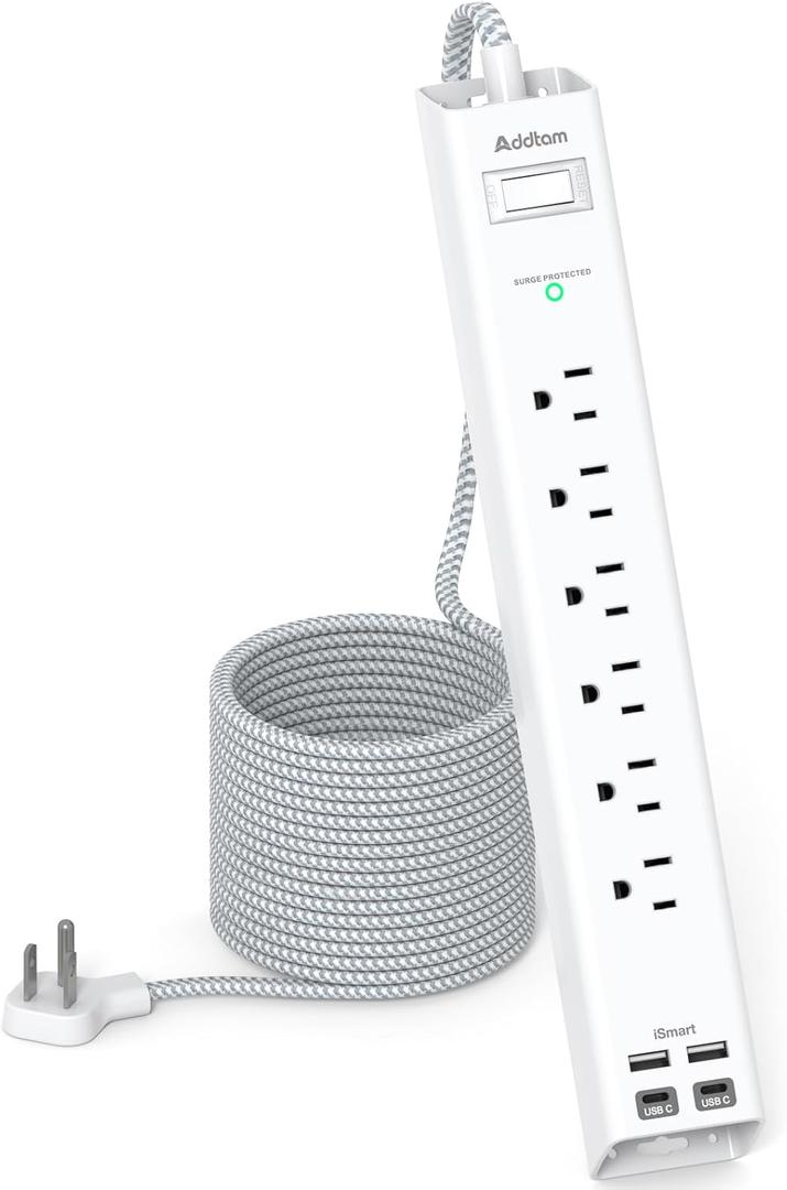 20ft Extension Cord - Flat Power Strip Surge Protector with 6 AC Outlets 4 USB (2 USB C), Wall Mount, 900 J, Multi Plug Outlet Extender for Home Office Dorm Room Essentials