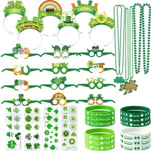 Ansoufien 48 PCS St. Patrick's Day Accessories & Irish Party Supplies - 6 Headbands, 12 Glasses, 6 Necklaces, 12 Wristbands, 12 Sheets (33 Patterns) Tattoos - Shamrock Dress Up
