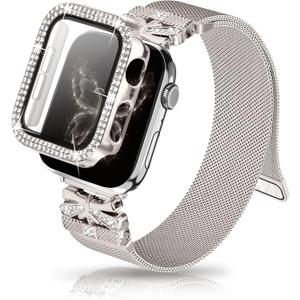Magnetic Band for Women Compatible with Apple Watch Band 38mm 40mm 41mm 42mm 44mm 45mm 46mm Milanese Stainless Steel Loop with Bling Protective Case, Dressy Metal Strap Replacement iWatch Band