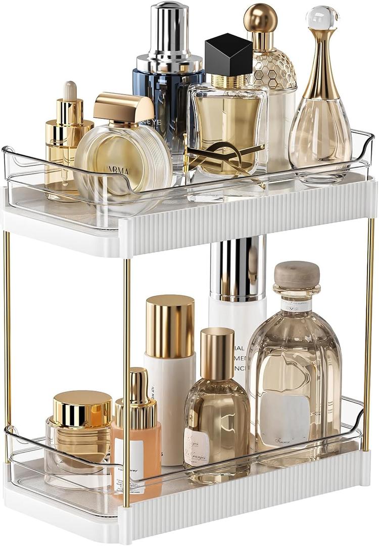 2 Tier Bathroom Counter Organizer, Removable Clear Tray Vanity Shelf for Makeup, Perfume, Skincare, Slide out Cosmetics Countertop Storage Rack for Bathroom Dresser, White
