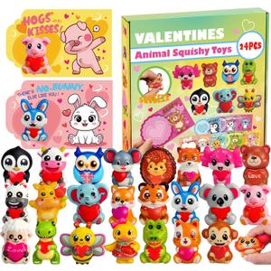 24Pcs Valentines Day Gifts for Kids, Animal Heart Squishy Toys With Cards for Galentines School Gift Exchange, Classroom Prizes, Bag Stuffers, Party Favors