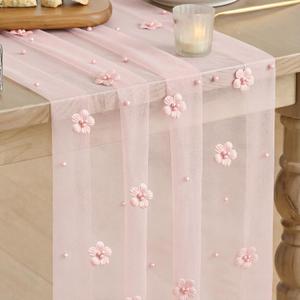 Artoid Mode Pink Flower Pearl Pink Gauze Table Runner 10FT, Seasonal Sheer Dining Holiday Wedding Birthday Baby Shower Table Decor for Home Party