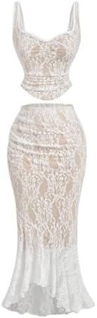 SOLY HUX Women's Floral Lace Skirt Set 2 Piece Sleeveless Top and Bodycon Fishtail Skirts Summer Coquette Outfits M