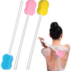 3 Pieces Long Handle Sponge 22.4'' Back Sponge on a Stick Body Brush Handled Washer Scrubber for Foot Body Limited Motion (Pink, Blue, Yellow)