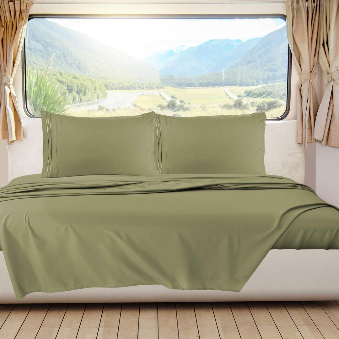 Nestl Sage Green Short Queen Sheets for RV, Hotel Luxury RV Queen Sheets Set, 4 Piece Fitted Bed Sheet Set and Pillowcases, Super Soft, Wrinkle-Free, and Breathable Camper Bedding