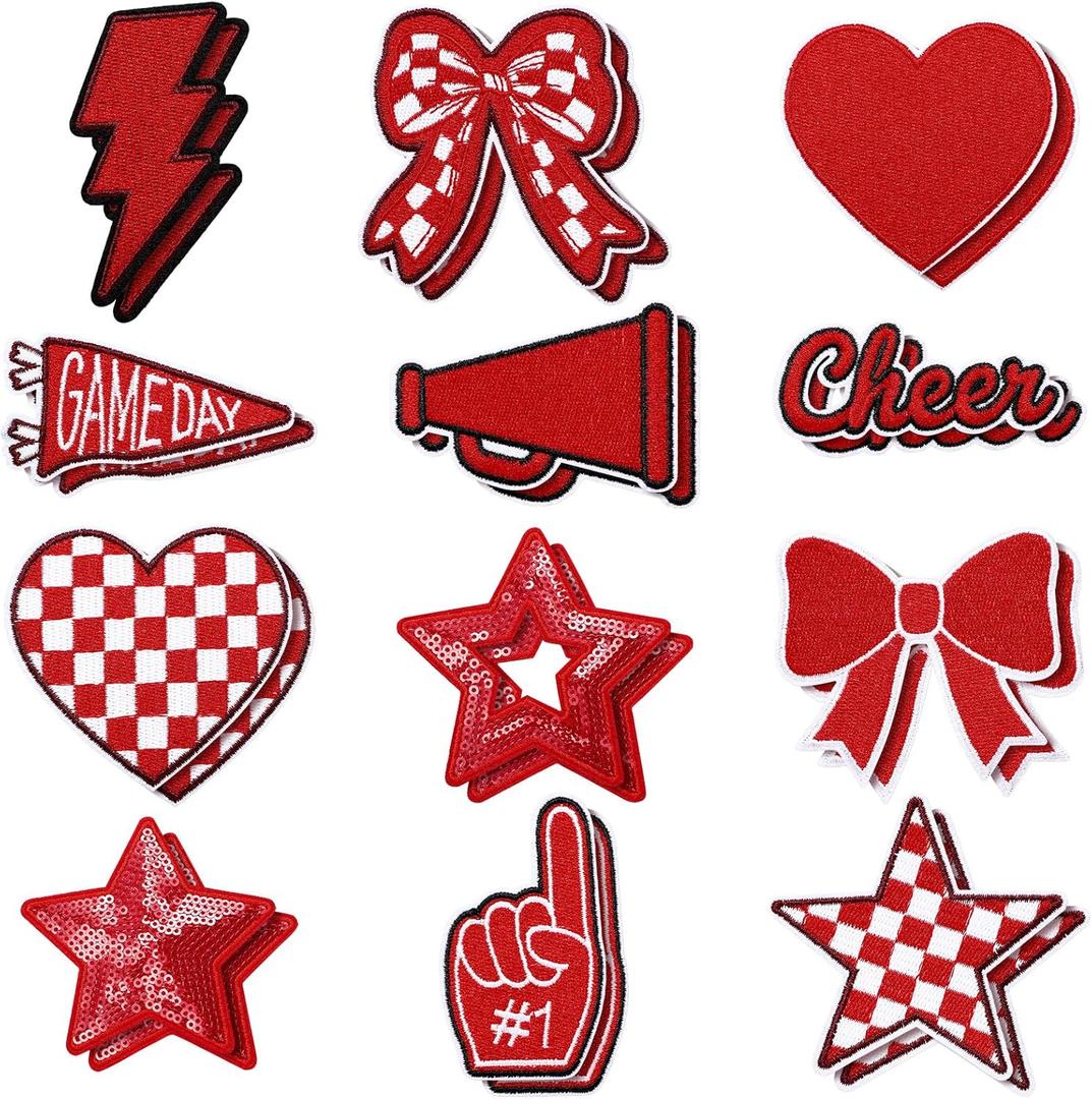 Glitinsel 24 Pcs Red Game Day Cheer Patches Iron on Embroidered Football Patches Sew on Appliques for Hats Backpacks Clothes Football Enthusiasts Team Fans DIY Cratfs(Game Day)