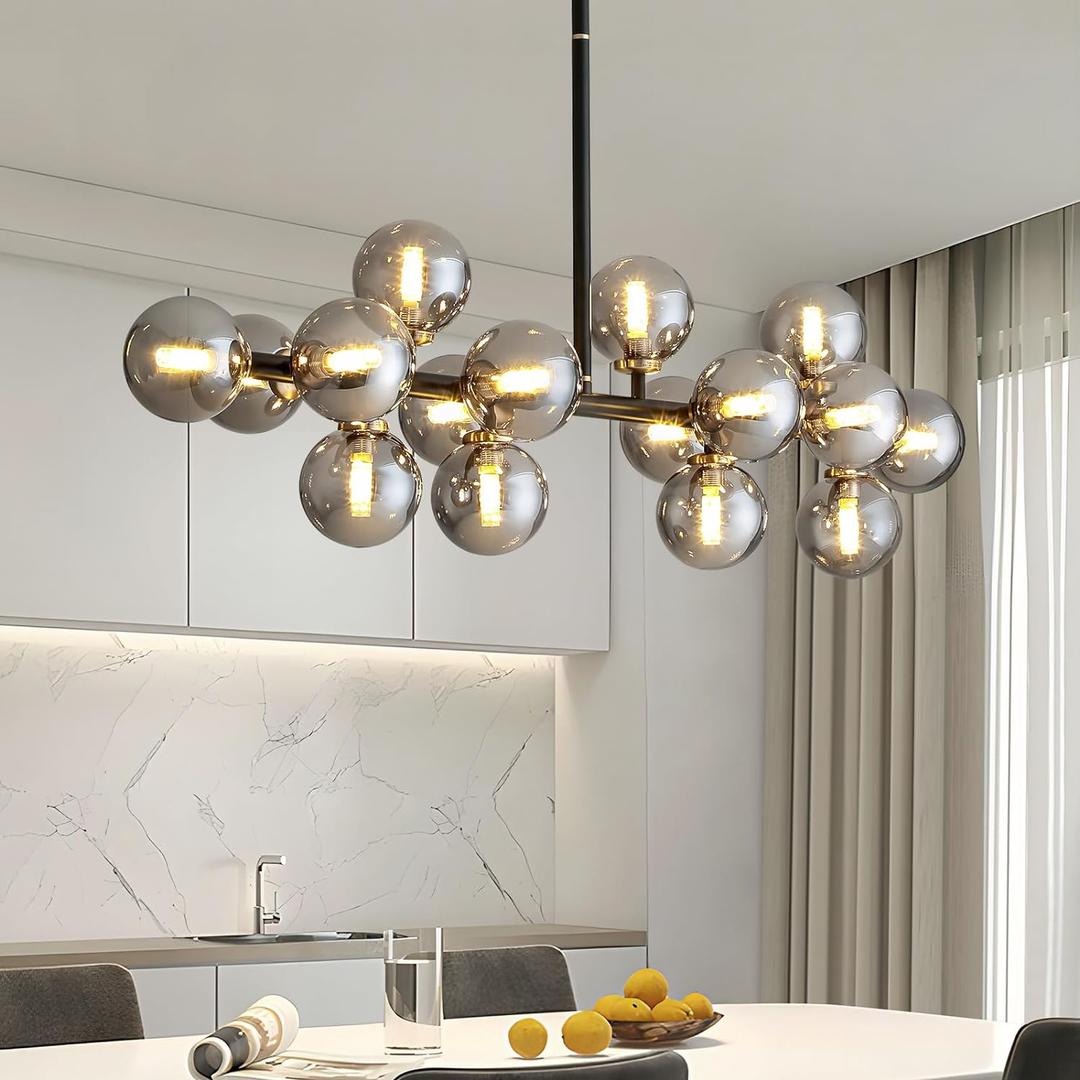 CROSSIO 16 Lights Mid Century Modern Chandelier Black Linear Chandelier Light Fixtures Glass Globe Sputnik Pendant Light for Dining Room Kitchen Island (Smoke Gray Lampshade)