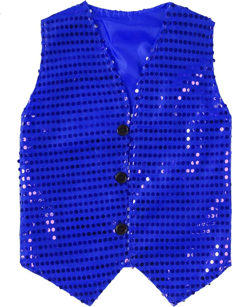 Boys Girls Sequin Waistcoat Sleeveless Hip-hop Jazz Dance Stage Performance Costume Vest Tops (9-10, Blue)