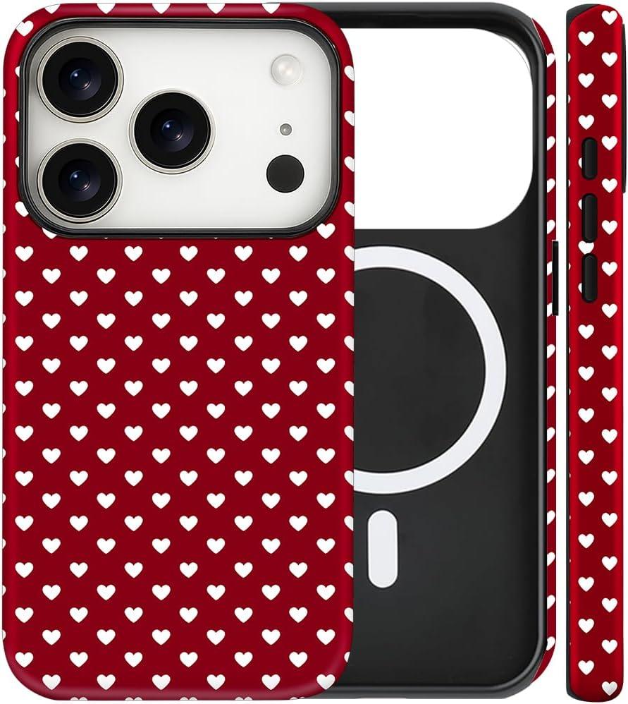 Magnetic for iPhone 17 Pro Max Case Cute Love Heart Polka Dot Phone Case, Shockproof Slim TPU and Hard PC Protective Phone Cover Compatible with MagSafe Designed for Women Girls Love, Red