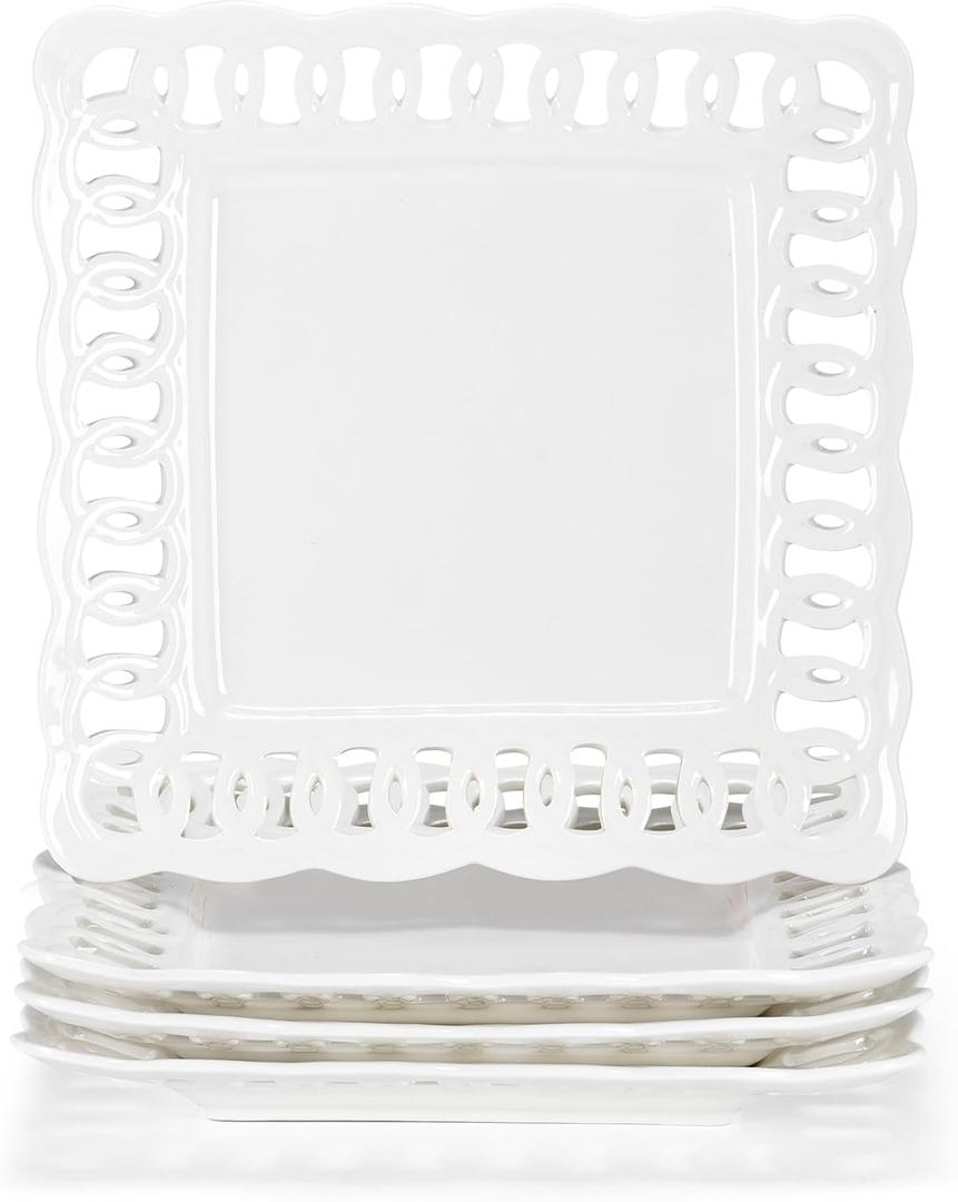 Ceramic Square Dinner Plates, 11 inch Square Serving Plate Set of 4 for Steak Pasta Salad Snacks Pizza Appetizer, New Bone Porcelain Plates with Lace Rim, Party Wedding Birthday Christmas Gift, White