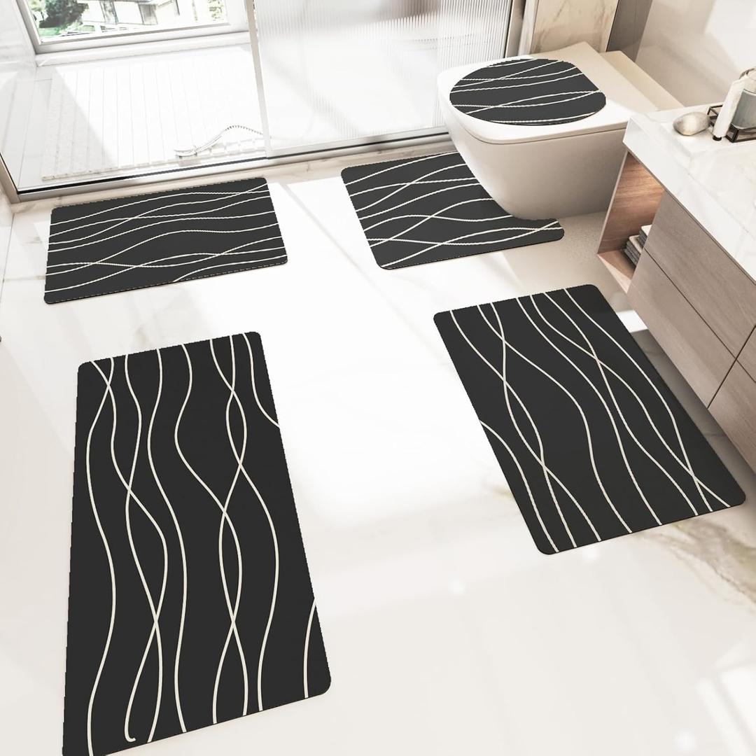 Schweek Bath Mat Rug Sets, Non Slip Rubber Bathroom Rugs Sets 5 Pieces, Super Absorbent Quick Dry Bath Mats Fit Under Door Thin Bathroom Mat U Shape Toilet Mats Set for Bathroom Bathtub Sink (White Stripe)