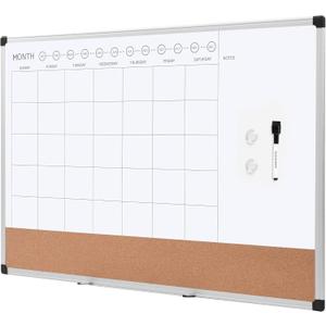 Amazon Basics 24" x 36" Monthly Whiteboard Calendar with Cork Board, Wall Mounted, Easy to Install, Silver Aluminum Frame, Erasable Planning Organization